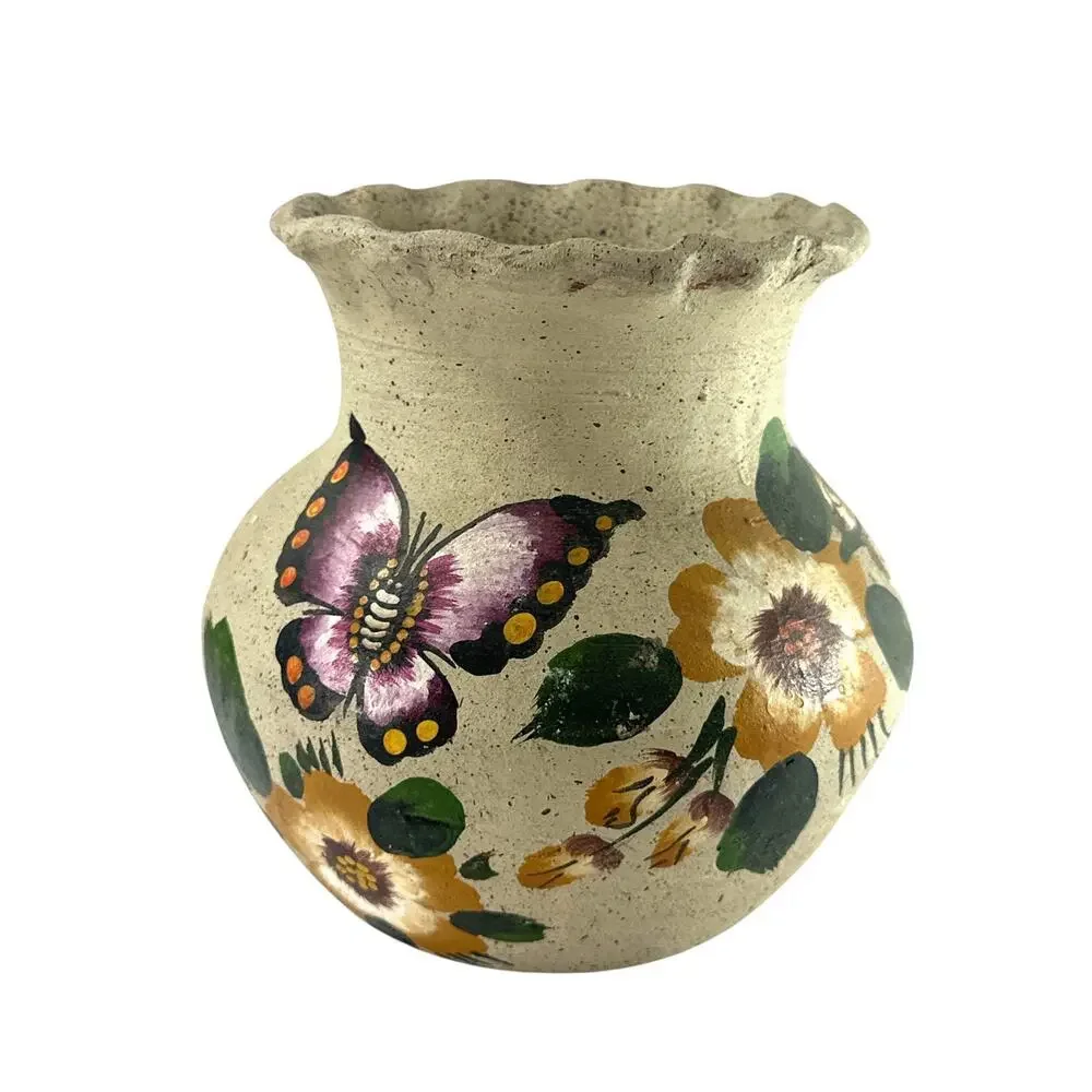 Vintage Hand Painted Pottery Vase Butterfly Floral Folk Art Scalloped Rim 6”